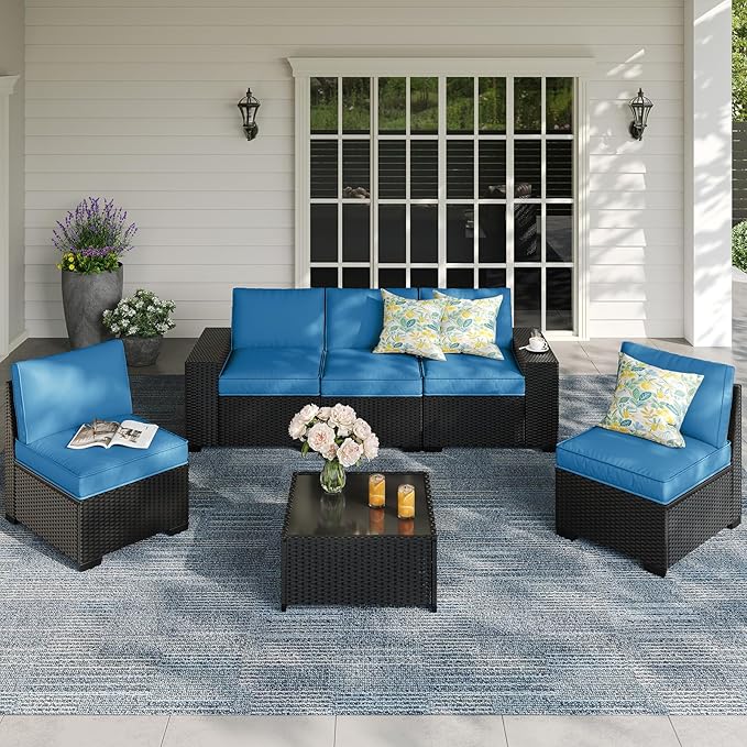 6 Pieces Patio Furniture Set,Wicker PE Rattan Outdoor Sectional with Cushion & Coffee Table, Patio Conversation Sofa for Garden, Backyard, Poolside, Peacock Blue