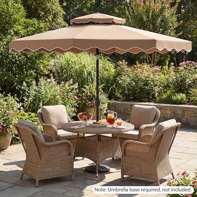 Happygrill 9 FT Patio Umbrella, Scalloped Outdoor Table Market Umbrella with Push Button Tilt & Crank, 2-Tier Vented Top, Heavy-Duty 8 Metal Ribs, Sun-Protective Canopy, Ruffle for Deck Pool Garden (Brown)