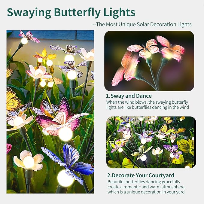 FENSAN Solar Garden Lights,4packs-32LED Outdoor Solar Powered Decor for Yard, Patio, Pathway, IP65 Waterproof Butterfly Lights