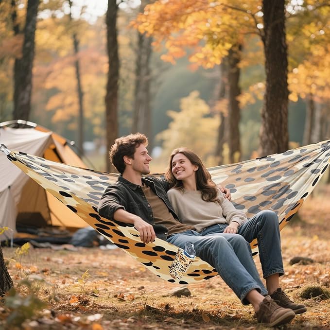 Qilmy Leopard Print Camping Hammock Single – 330 lbs Capacity, Lightweight with Tree Straps & Carabiners, Portable for Hiking, Travel, Backpacking