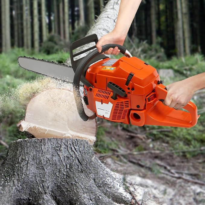65cc Gasoline Power Chainsaw, 3.4kw 2-Stroke Fule Logging Cutter, 2700RPM Wood Saw Timber Feller with 24 inch Guide Bar for Tree Felling Backyard Clearing Outdoor Pruning