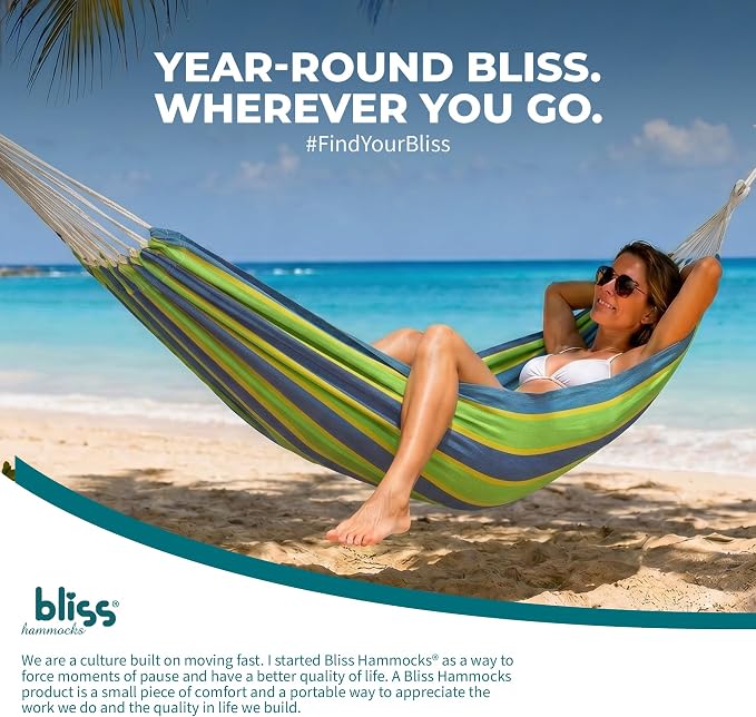 Bliss Hammocks 60" W Double Outdoor Hammock with Hand-Woven Rope Loops & Tree Straps, Patio, Durable, Cotton/Polyester, 265 Lbs Capacity, Mediterranean Stripe
