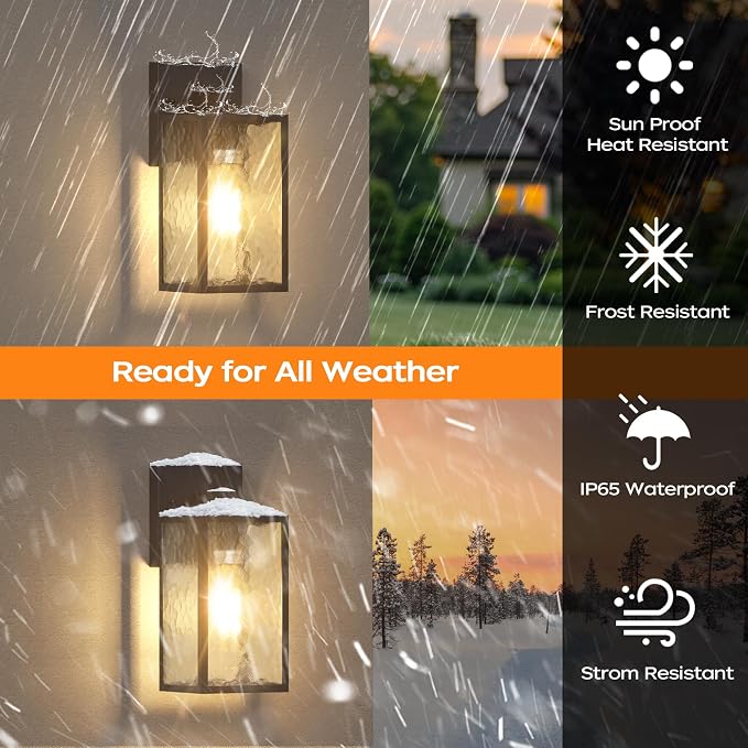 WIHTU Exterior Lighting Fixture, Outdoor Front Porch Light Wall Mount 1Pack | 10.65inch, Anti-Rust Metal Frame, Tempered Glass, E26 Base, Waterproof, Easy Install, Wall Sconce for Patio, Garage, Entryway