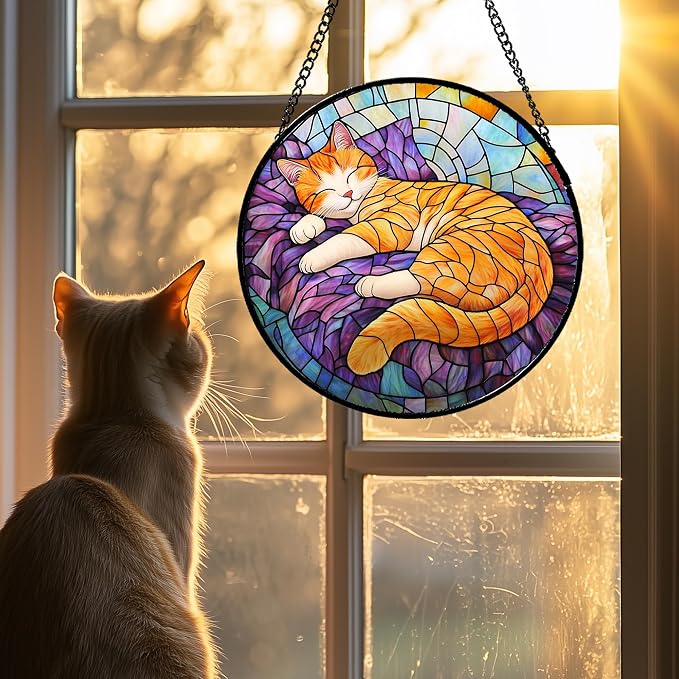 Stained Glass Window Hanging Sleeping Orange Cat 7.8" - Memorial Gift Suncatcher Door Sun Catcher Decor Birthday Christmas for Lost Pets Mom Men Woman Friend