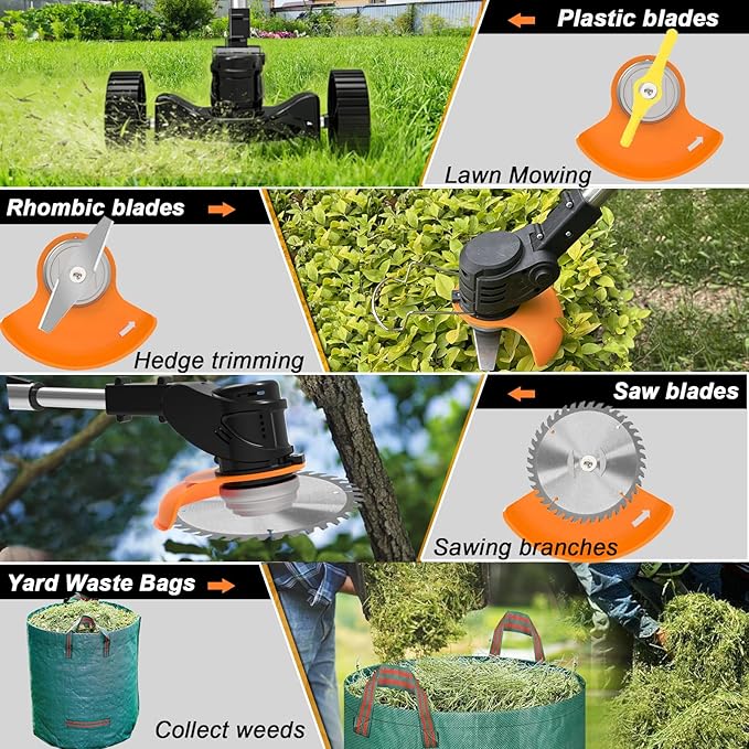 Weed Wacker Cordless Electric Weed Eater Battery Powered, Lightweight No-String Weed Trimmer with 2 Batterys & Wheels, 3 in 1 Stringless Grass Trimmer/Edger/Brush Cutter for Garden Yard Lawn