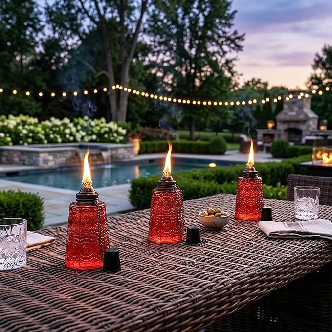 Seraphic Citronella Table Top Torches for Outdoor Patio, 16oz Decorative Glass Torch Citronella Candles for Outside Deck, Garden, Parties, Set of 3, Red