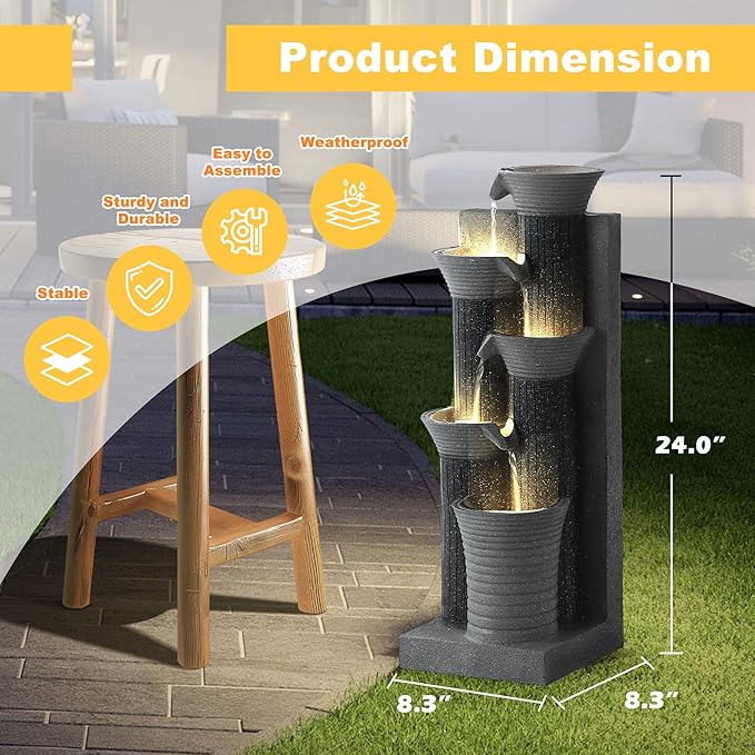 MAGIC UNION Outdoor Water Fountain, 5 Tiers Cascading Waterfall Indoor Water Feature Garden Decor with LED Lights, Patio Resin Fountains for Yard, Deck, Porch and Home, Bamboo Element (Gray)