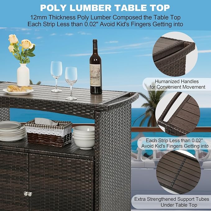 Outdoor Bar Cart with Storage Cabinet Patio Wicker Sideboard Buffet Cabinet Prep Table Outside Kitchen Serving Cart with Rolling Wheels & Handle Rattan Portable Bar Table with Shelves Doors Brown
