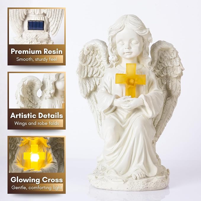 Solar Angel Garden Statue with Cross, 12" Memorial Cemetery Guardian Light | Bright all-night warm glow, true-to-size 12in, weatherproof resin built to last - not flimsy plastic; lights up every night