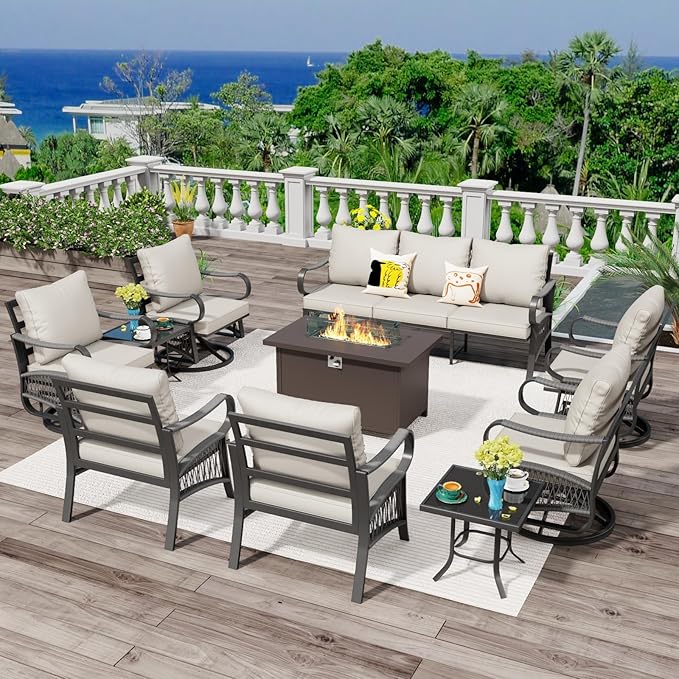 10 Piece Patio Furniture Set with 50000 BTU Propane Fire Pit Table, All Weather Outdoor Conversation Set with 4 Swivel Chairs, Sofa and Thick Cushions for Garden, Porch, Lawn, Beige
