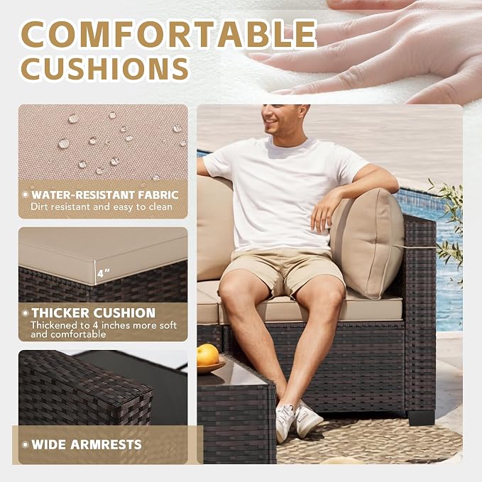 CHABATREE 7-Piece Outdoor Patio Furniture Sets, Manual Weaving Rattan Conversation Sectional Sofa with Tempered Glass Coffee Table, All-Weather PE Wicker & Thick Cushions for Garden, Backyard, Porch