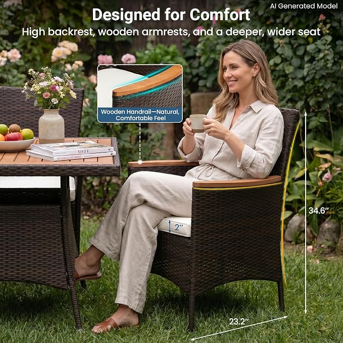 Wisteria Lane Patio Outdoor Table and Chairs Set, Rattan Outdoor Patio Furniture Set with Removable Cushions, Outdoor Patio Dining Sets with Acacia Wood Tabletop for Garden Backyard Deck, Brown