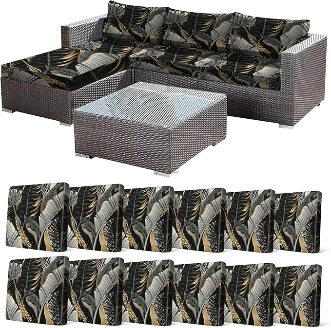 CALBODE 12 Pcs Stretch Outdoor Seat Cushion Covers, Botanical Chair Seat Cover for Patio Furniture Cushions Washable Reusable Indoor and Outdoor Couch Cover Replacement (Black&Gold Leaves, Cover Only)