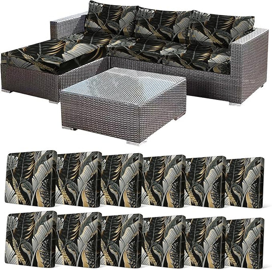 CALBODE 12 Pcs Stretch Outdoor Seat Cushion Covers, Botanical Chair Seat Cover for Patio Furniture Cushions Washable Reusable Indoor and Outdoor Couch Cover Replacement (Black&Gold Leaves, Cover Only)