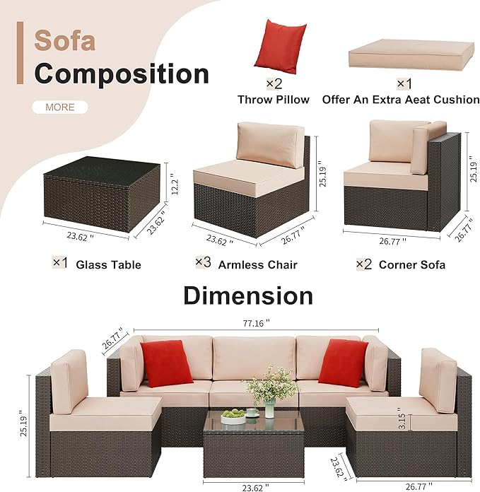 Shintenchi 6 Pieces Patio Furniture Sets Outdoor All-Weather Sectional Patio Sofa Set PE Rattan Manual Weaving Wicker Patio Conversation Set with Glass Table&Ottoman Cushion and Red Pillows, Beige
