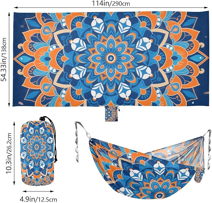 Bohemian Orange-Blue Patterns Outdoor Hammock with Portabl Carry Bag Swing Hammock for Indoor Outdoor Patio