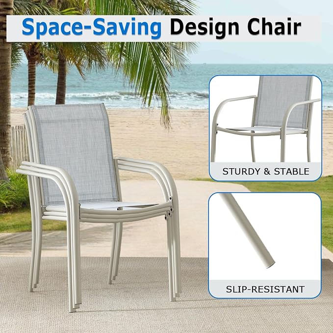 5-Piece Outdoor Dining Set, Square Metal Table with Beige Chairs, Black Patio Table with Umbrella Hole for Garden, Yard, Patio