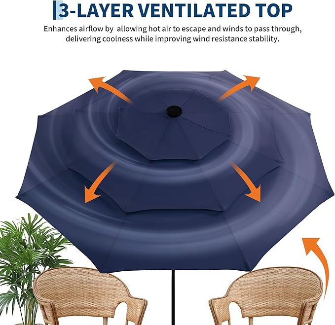 Garvee 9ft 10ft Patio Umbrella with Solar Lights, 3-Tier Umbrella Outdoor Patio with LED Lights, Ventilation, Easy Crank & Tilt, 8 Sturdy Ribs, UV Protection, Large Patio Umbrella for Deck, Pool