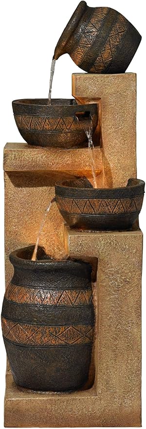 Cascading Bowl and Jug 46" High Large Rustic Indoor Outdoor Decor Faux Stone Floor Fountain with Light LED Standing Waterfall Water Feature for Outside Garden Patio Yard Backyard - John Timberland