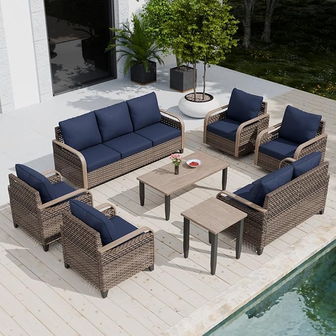 COOS BAY Modern Wicker Outdoor Furniture Set, 8 Piece Patio Conversation Set with 2 Swivel Rockers, 2 Patio Chairs, a 3 Seat Couch, a Loveseat, Coffee Table and Side Table, 8 Piece, Brown/Blue