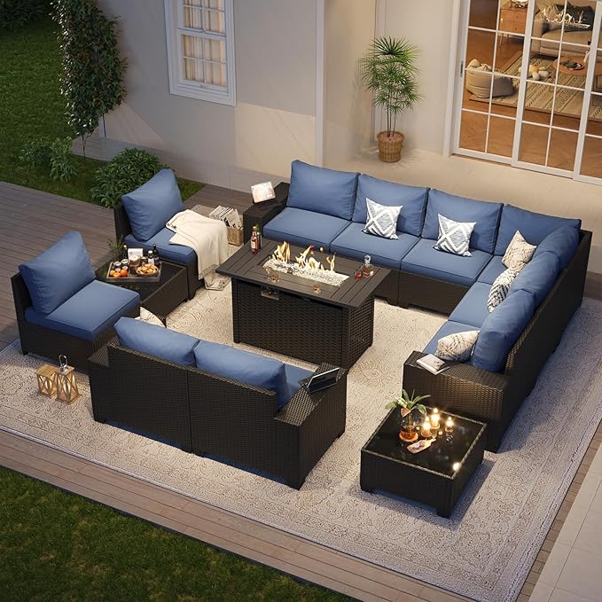 Aoxun Patio Furniture Sets with 44'' Fire Pit, 13 Pcs Outdoor Patio Coversation Sets with 4in Thicken Cushion, Widen Armrests Wicker Outdoor Sectional for Backyard (Waterproof Cover Include)