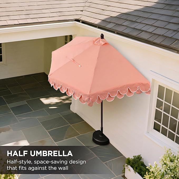 JONATHAN Y Terrace Scalloped 9 ft. Half Round Patio Umbrella with Crank Lift and Tilt, Coastal Semicircle Market Wall Umbrella for Balcony, Coral Pink/White, Dark Brown Pole UMB1202E