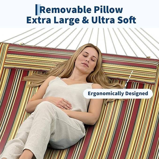 2 Person 12FT Hammocks for Outside, Double Quilted Fabric Outdoor Hammock with Spreader Bar, Large Removable Pillow, Storage Pockets, Carabiners, Max 450 Lbs Capacity