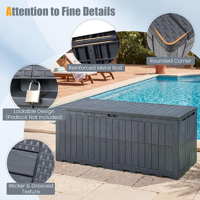 HAPPYGRILL 180 Gal Outdoor Deck Box, Lockable Storage Bin with Lid and Handles, Waterproof and Sun-Protective Patio Bench and Storage Box for Garden Tools Pool Supplies (Gray, 180Gallon)