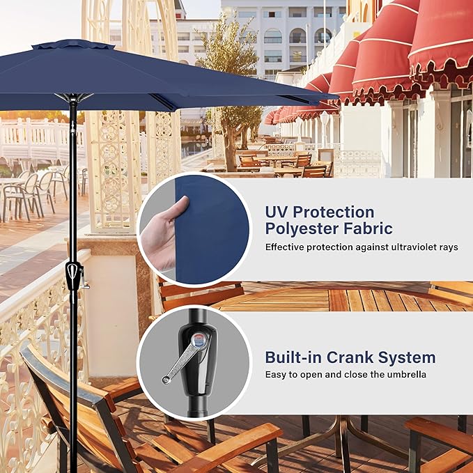 Simple Deluxe 2 Pack 9FT Outdoor Patio Umbrella Table Market Umbrella with Push Button Tilt and Crank, 8 Sturdy Ribs, UV Protection Waterproof for Garden, Lawn, Deck, Backyard, Pool, Dark Blue