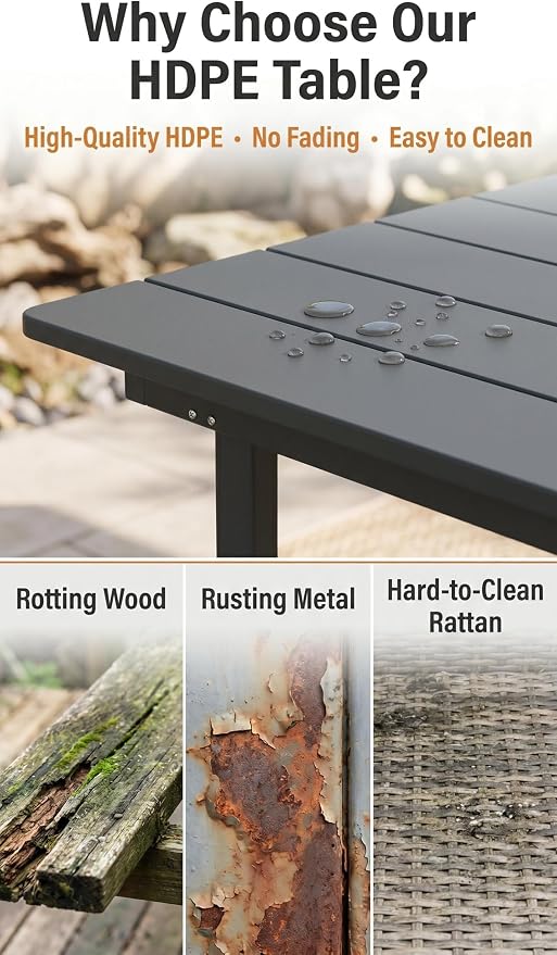 Amopatio Patio Outdoor Dining Table for 6 All Weather HDPE Rectangular Table with Umbrella Hole for Porch Deck Garden Backyard Poolside