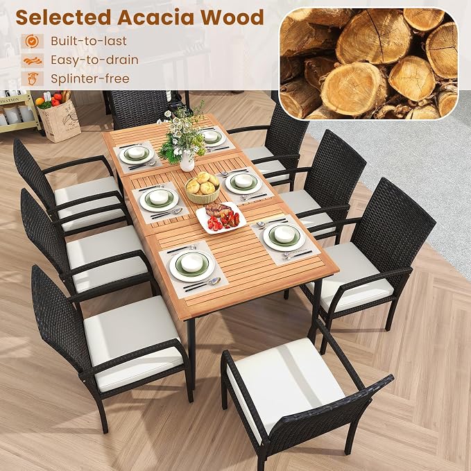 Tangkula 9-Piece Patio Dining Set, 79" Outdoor Acacia Wood Dining Table with 1.9" Umbrella Hole & 8 Rattan-Woven Dining Chairs with Seat Cushions, for Garden, Porch, Deck