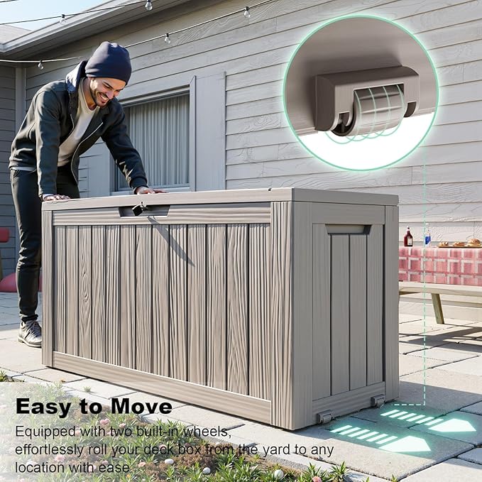 90 Gallon Outdoor Waterproof Storage Deck Box Lockable Outside Resin Bench UV Resistant Bin Patio Porch Pool Float Garden Furniture Cushion Tool Grey