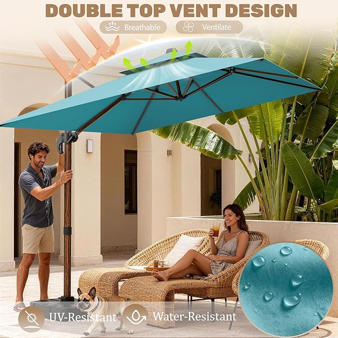 10x13FT Cantilever Outdoor Patio Umbrellas with Base, Double Top Wood Pattern Rectangle Umbrella, Heavy Duty 360°Rotation Offset Umbrella for Garden Deck Pool Patio, Turquoise
