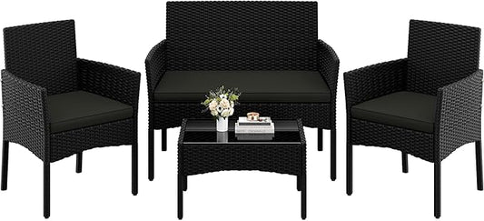 Yaheetech Patio Furniture Set 4 Pieces Conversation Sets, Rattan Chair Wicker Set Loveseat with Soft Cushion and Glass Table for Backyard Porch Garden Poolside Balcony Black and Gray