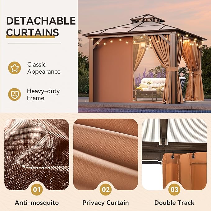 Aoxun 10'x10' Hardtop Gazebo, Outdoor Metal Gazebo with Double Polycarbonate Roof Canopy, Permanent Pavilion with Netting and Curtains for Lawn, Garden, Patio (Khaki)