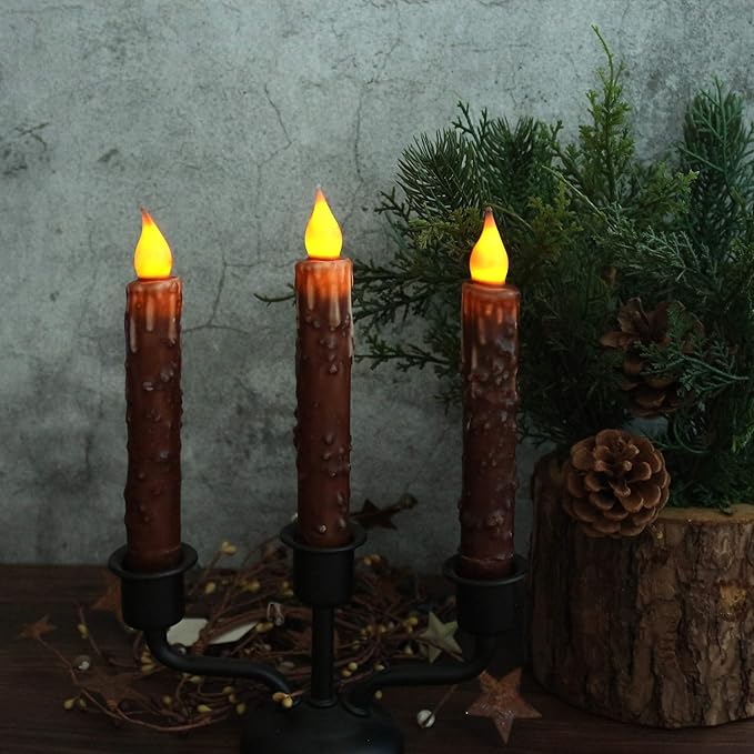 CVHOMEDECO. Real Wax Hand Dipped Battery Operated LED Timer Taper Candles Country Primitive Flameless Lights Décor, 6-3/4 Inch, Coffee, 3 PCS in a Package