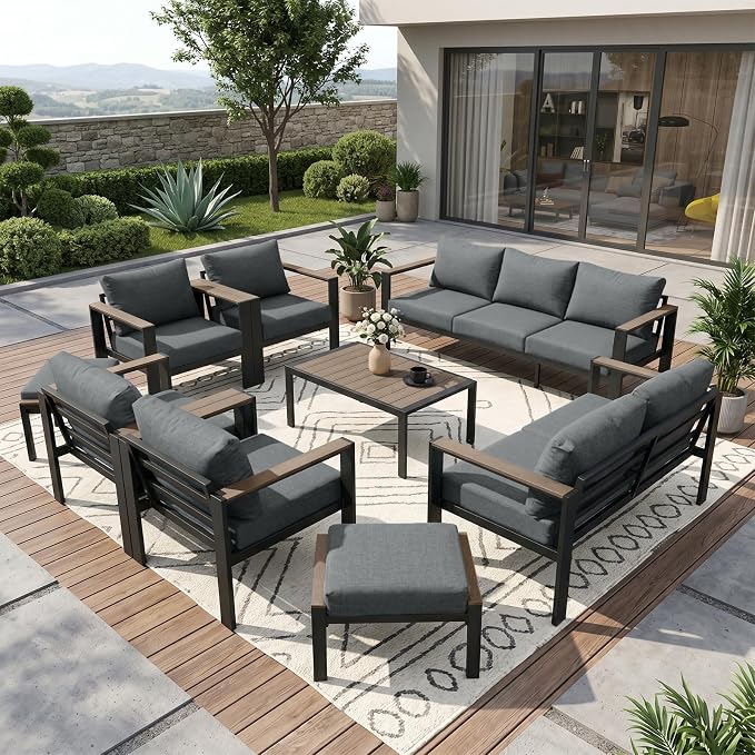 Patio Furniture Set 11 Seats and Coffee Table, 9 Pieces Patio Conversation Set with Thick Cushion, Ottomans, Deluxe Aluminum Modern Outside Sectional for Porch, Balcony, Deck, Yard, Light Gray