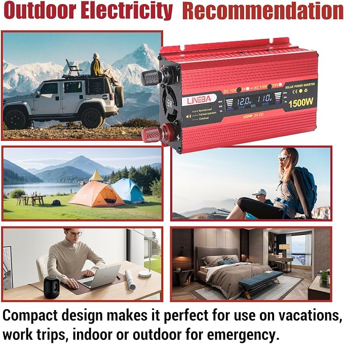 1500 Watt Power Inverter with LED Display,Dual AC Outlets,USB Port, 12V DC to 110V AC Converter Car Power Inverter for Vehicles, Car, RV, Truck, Off Grid Solar System, Outdoor Camping