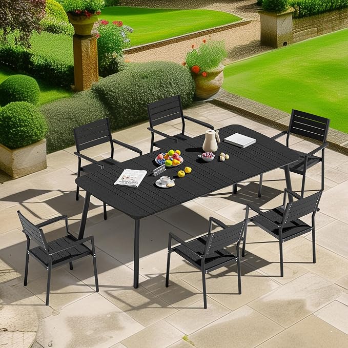 70" Outdoor Dining Table for 6, Black Patio Table | 1.6" Umbrella Hole Rectangle Table with Aluminum Frame and Waterproof Wood Grain Tabletop for Lawn Backyard Garden Poolside