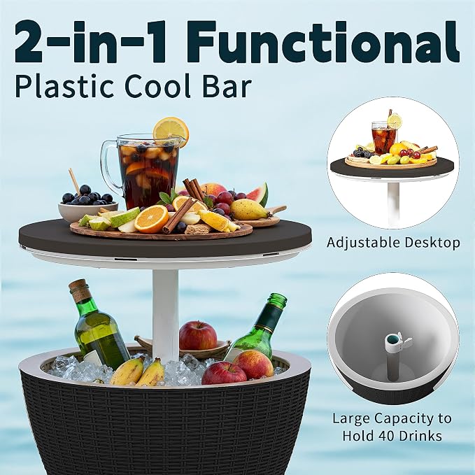 ROJIK 3-in-1 Resin Ice Bucket & Beverage Cooler – Wood Look Patio Table, UV Protection & Drain Plug for Outdoor Parties, Bars, and Poolside Use