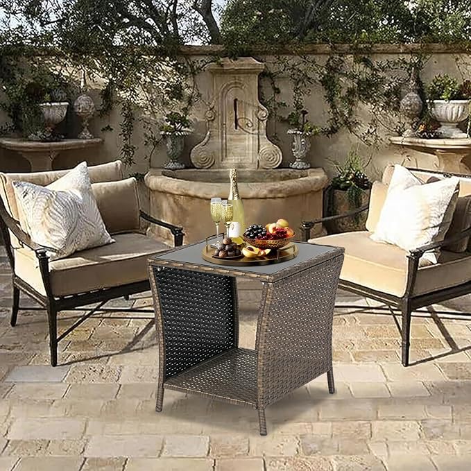 Kinsuite PE Rattan Patio Side Table - Outdoor Wicker End Table with Glass Top, Rattan Coffe Table in Iron Frame for Backyard Balcony Poolside, Dark Blonde