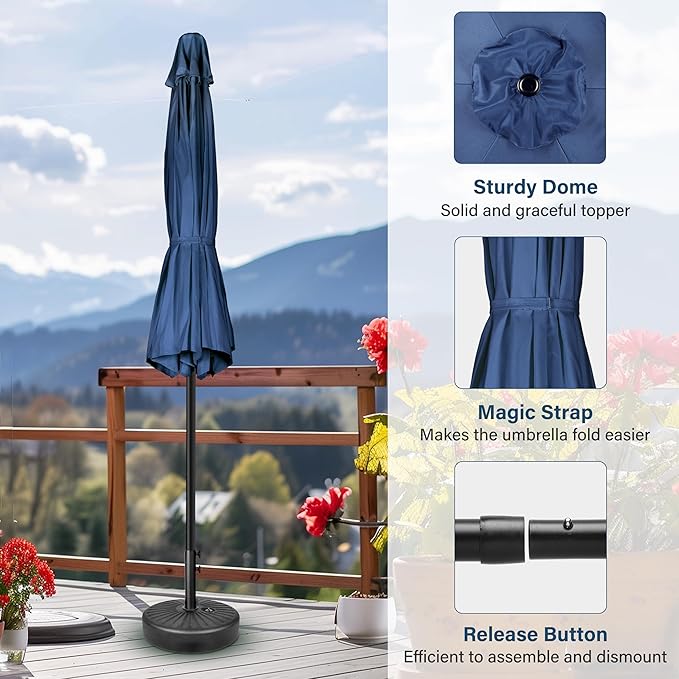 Simple Deluxe 7.5' Patio Umbrella with 20 Inch 50lbs Capacity Fillable Round Base, 6 Sturdy Ribs with Push Button Tilt/Crank for Garden, Deck, Backyard, Pool, Blue and Black