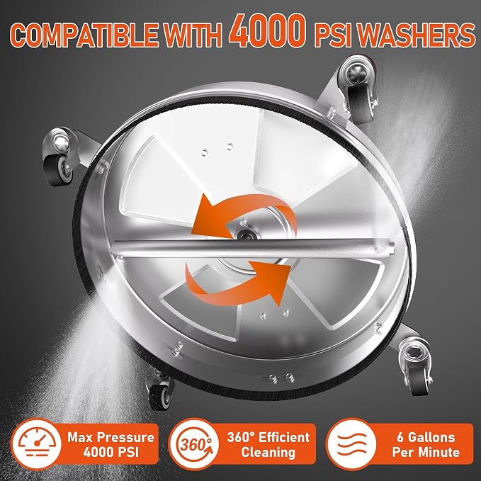 18" Dual Handle Pressure Washer Surface Cleaner with 4 Wheels, 4000 PSI Max Stainless Steel Surface Cleaner for Pressure Washer, 3/8" Inlet Connector, for Concrete, Patio, Sidewalk, Deck