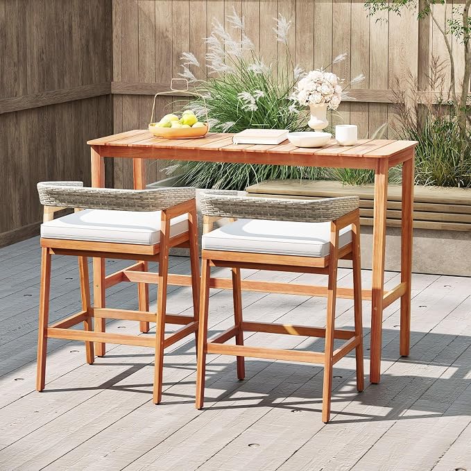 HAPPYGRILL Acacia Wood Outdoor Bar Table 55 Inch, Rectangular Pub Table with Slatted Top and Adjustable Foot Pads, for Hot Tub, Balcony, Garden and Poolside