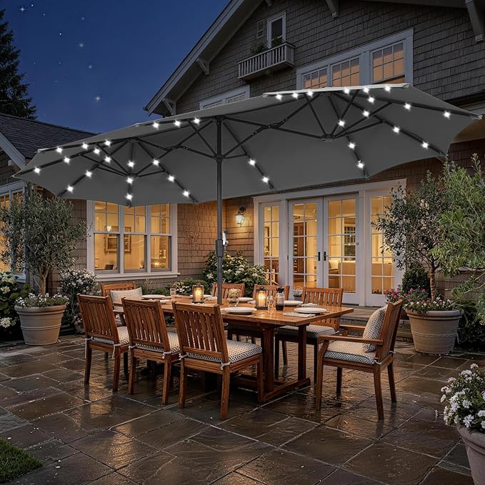 13 ft Patio Umbrella with 36 LED Lights, Large Rectangle Outdoor Solar Umbrella with Strap, Crank, Grey