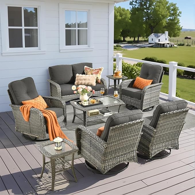 8 Pieces Outdoor Patio Furniture Set with Coffee Table, All Weather Wicker Patio Conversation Sets with Rocking Chairs, Balcony Furniture Sets for Backyard, Garden, Poolside, Black