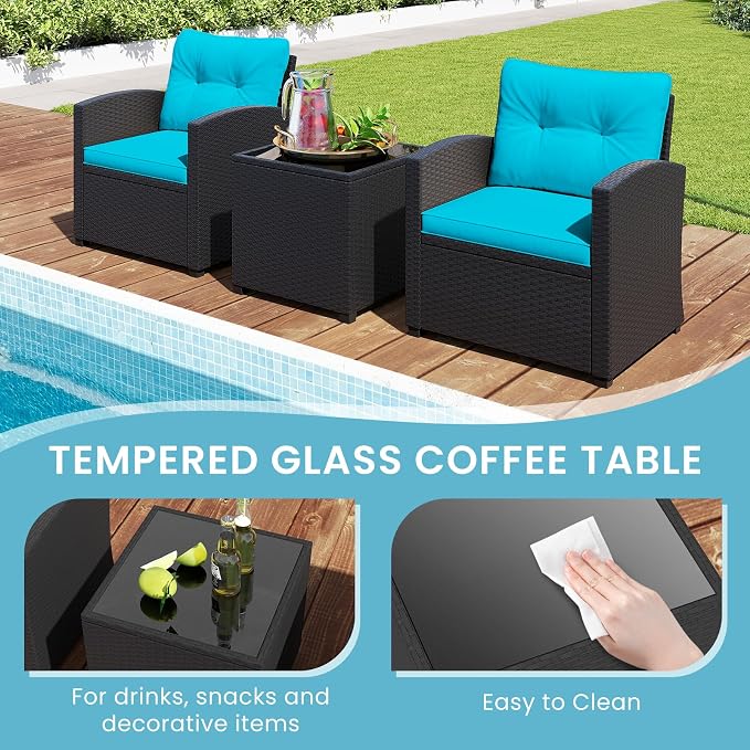 ORALNER 3 Pieces Patio Furniture Set, Wicker Conversation Set Outdoor Chairs with Cushions, Glass Coffee Table, Rattan Bistro Set for Front Porch Balcony Garden Deck Poolside (Turquoise)