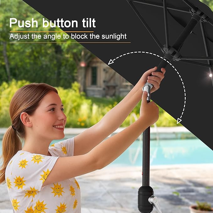 Square Patio Umbrella With Solar Lights, 6.5x6.5ft Square Umbrella Outdoor Patio with Tilt and Crank for Pool, Deck, Garden,Backyard