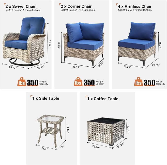 10 Pieces Wicker Patio Furniture Set,Outdoor Sectional Sofa with Swivel Chairs Coffee Table,Outside Deep Seat Rattan Couch Conversation Set,Navy Blue