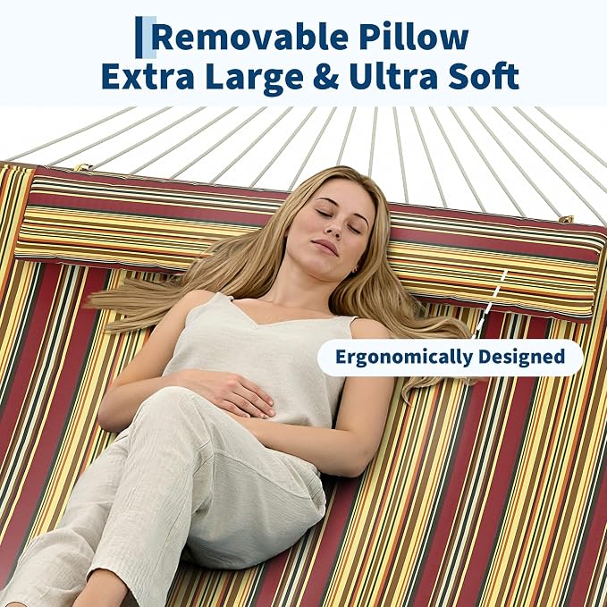Rope Hammock for Outside, 12FT Double Spreader Bar Hammock for 2-Person, Quilted Outdoor Hammock with Detachable Pillow, Side Storage Pockets & Carabiners, 450 lbs Capacity for Yard, Patio, Garden